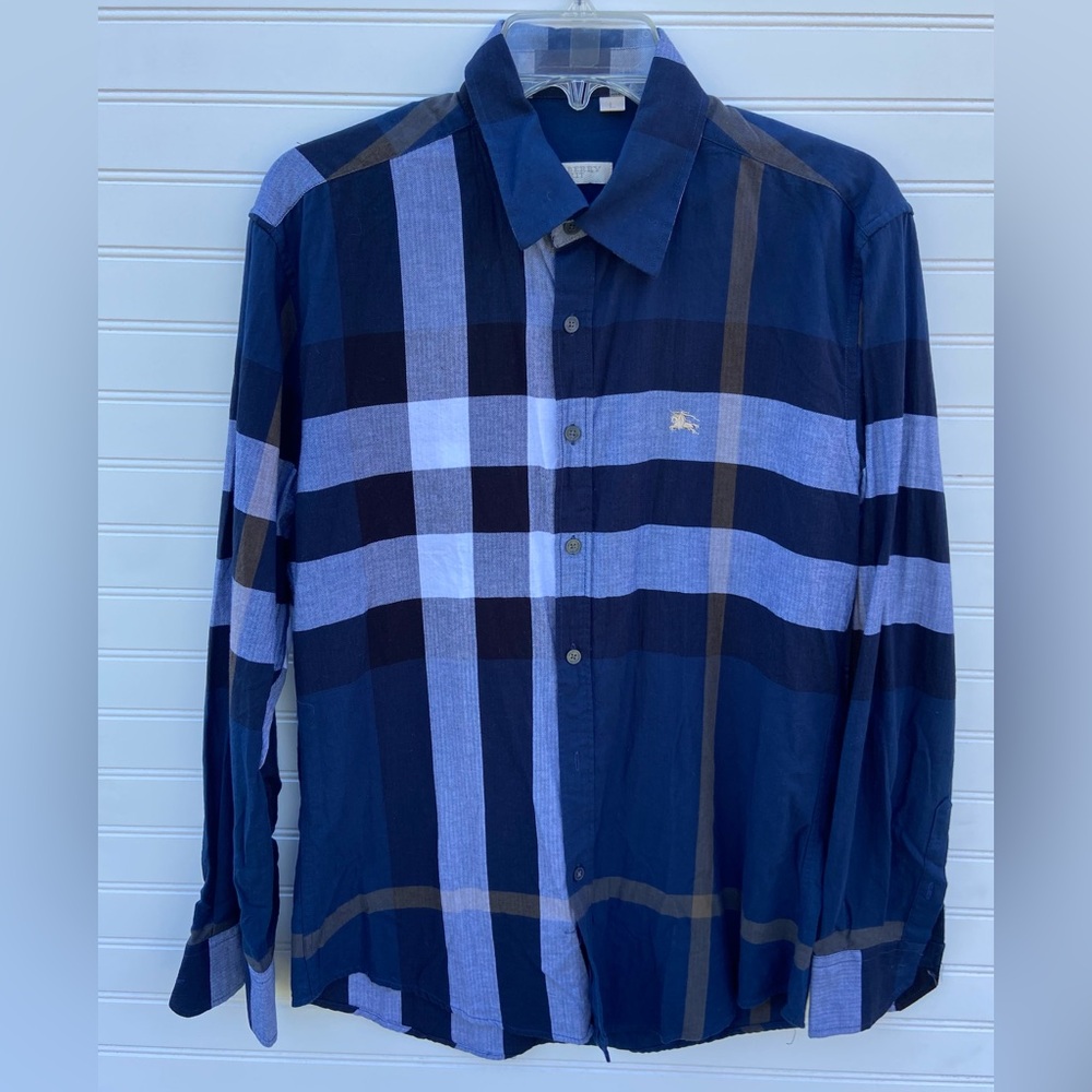 Burberry Blue Large Nova Check Plaid Button Down Shirt